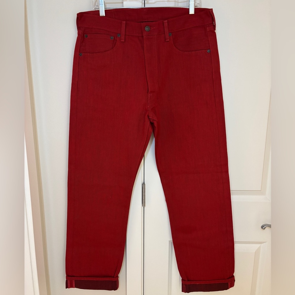 Levi’s Red Denim 501 Jeans High Rise Straight Leg Button Fly W 34 L 32 Tall